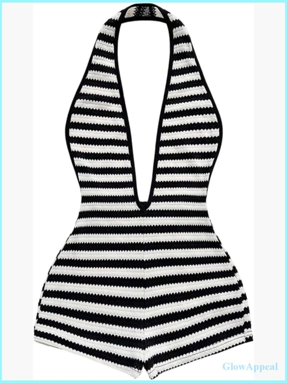 Striped Textured Backless Halter Jumpsuit Deep V Neck Sleeveless Romper